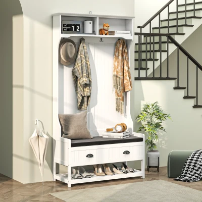 HOMCOM Garderobenständer mit Haken, Garderobe mit Schuhbank, für Eingangsbereich, Flur, Metall, MDF, Weiß+Grau