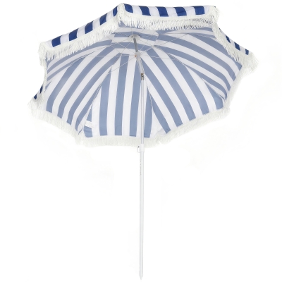 Outsunny Sombrilla de Playa con Flecos Ø180 cm Sombrilla de Terraza Exterior con Altura Ajustable Inclinación 30° Azul y Blanco