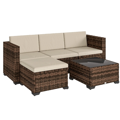 Outsunny Conjunto de Jardín Exterior de Ratán 5 Piezas con Cojines 2 Sillones de Esquina Sillón sin Brazos Reposapiés y Mesa