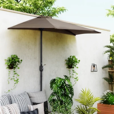 Outsunny Sombrilla 269x138x236 cm Parasol de Jardín con Manivela y Forma Semicircular Tela Poliéster 180 g/m² para Exterior Terraza Patio Piscina Café