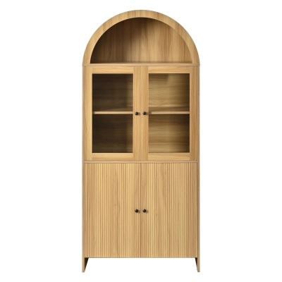 Hohes Sideboard mit Bogendecke, Glasvitrinentüren, Wellenmuster, 78 x 40 x 176 cm, Naturfarbe