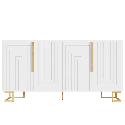 Stylish Sideboard with 2 Doors, 4 Shelves and Geometric Door Design, 152L x 40W x 75H cm, White