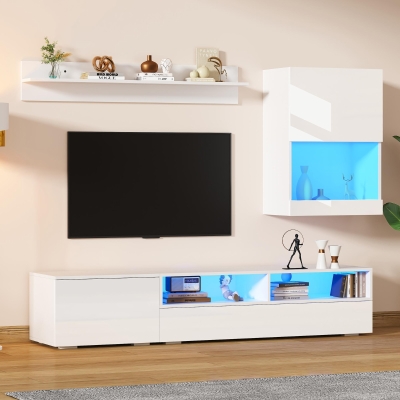 3-Piece TV Wall Unit Set with App-Controlled LED Lights, 175L x 39W x 34H cm, White