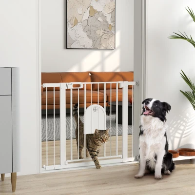 PawHut Barrera de Seguridad para Perros Extensible 75-103 cm, para Puertas y Escaleras, Barrera para Perros con Puerta Pequeña, 2 Extensiones, Montaje a Presión y Doble Bloqueo, Blanco