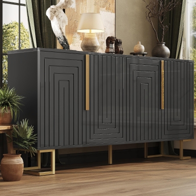 Stylish Sideboard with 2 Doors, 4 Shelves and Geometric Door Design, 152L x 40W x 75H cm, Black