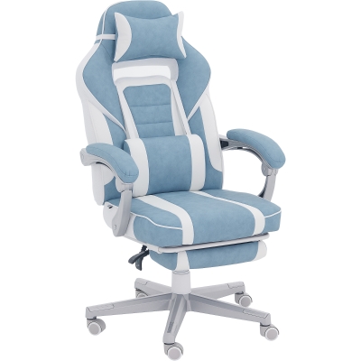 HOMCOM Silla Gamer Reclinable con Altura Ajustable Reposapiés Retráctil Soporte Lumbar y Reposacabezas Desmontable Azul