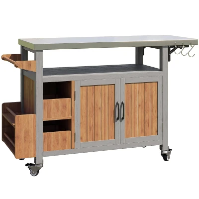 Weatherproof Serving Trolley with Extendable Side Shelf, 100-138L x 47W x 92H cm, Natural