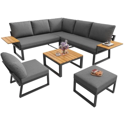 L-Shaped Garden Sofa Set with Galvanised Iron Frame, 110L x 62W x 75H cm, Gray