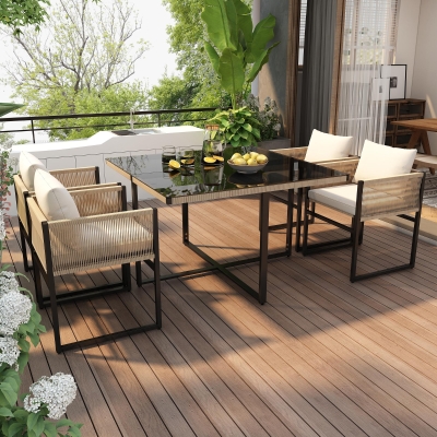 5-Piece Garden Dining Set with Hand-Woven Rope Chairs, 110L x 110W x 74H cm, Beige+Black