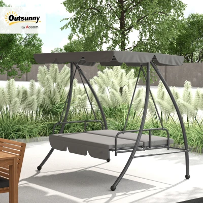 Outsunny Outdoor 2-in-1 Swing Chair Lounger 3 Seater Garden Swing Seat Bed Convertible Tilt Canopy W/ Cushion, Light Grey