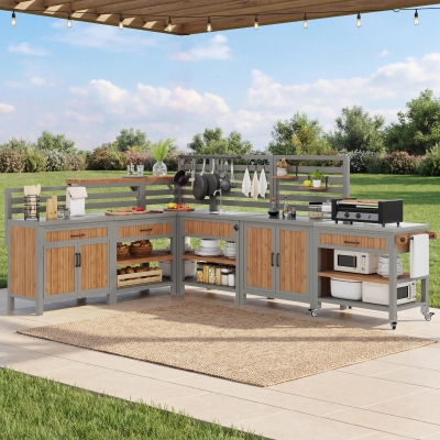 Outdoor BBQ Side Table with Stainless Steel Worktop, 404L x 134.5W x 148.5H cm, Natural