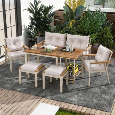 Set tavolo e sedie da pranzo per giardino 6-7 posti, Beige+Colore naturale