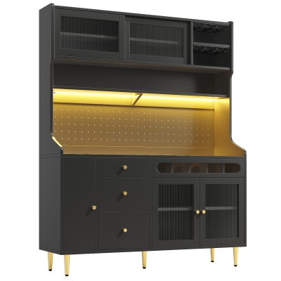Modern Highboard with LED Lighting & Adjustable Shelves, 145L x 39W x 171H cm, Black