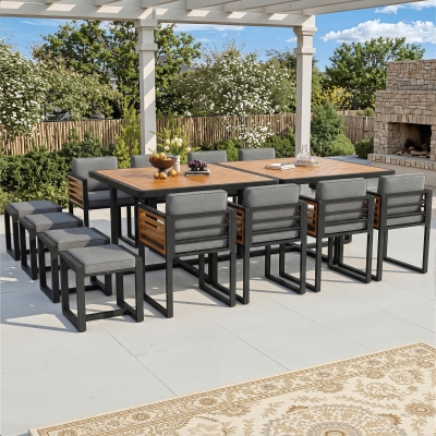Modern 14-Piece Garden Dining Set with Stackable Chairs, 113L x 113W x 76H cm, Gray