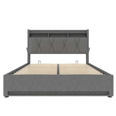 Padded Storage Bed Frame with LED Lighting and USB‑C Charging, 143L x 211W x 116.5H cm, Dark Gray