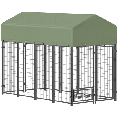 PawHut Recinto per Cani da Esterno con Tetto e 2 Ciotole, Verde