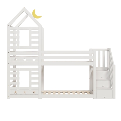 Cabin-Style Bunk Bed with Staircase Storage and Under-Bed Drawers, 235L x 97W x 217H cm, White