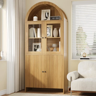 Hohes Sideboard mit Bogendecke, Glasvitrinentüren, Wellenmuster, 78 x 40 x 176 cm, Naturfarbe