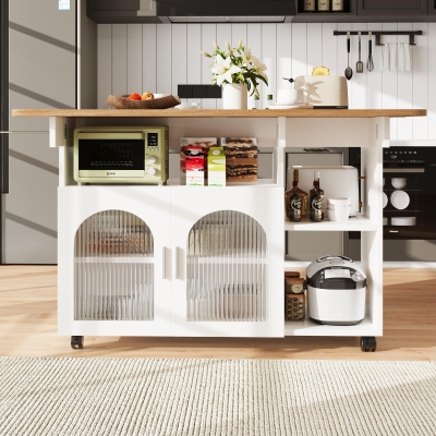 Mobile Kitchen Island with Fold-Down Dining Extensions, 120L x 30-70W x 79.5H cm, White