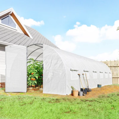 Outsunny Serre Tunnel 24m² Blanc avec Portes et 12 Fenêtres