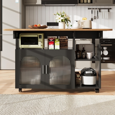 Mobile Kitchen Island with Folding Dining Tops and Storage, 120L x 30-70W x 79.5H cm, Black