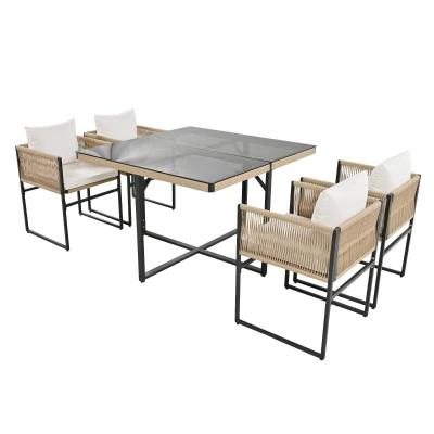 5-Piece Garden Dining Set with Hand-Woven Rope Chairs, 110L x 110W x 74H cm, Beige+Black
