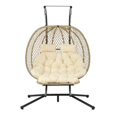 Eiförmiger Hängesessel mit Ständer, Schaukelstuhl mit verstellbarer Fußstütze, Gartenhängstuhl mit Sitzauflage & Kissen, 140 x 94 x 197 cm, Beige