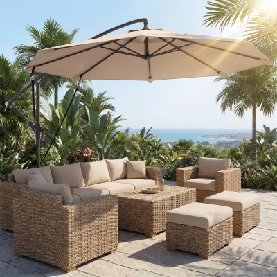 Outsunny Parasol Excéntrico Ø300 cm con Base Cruzada Manivela Funda Protectora y Cuerdas de Viento UPF30+ Caqui