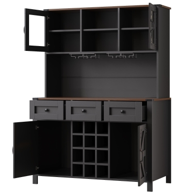Tall Kitchen Cabinet with Integrated Power Strip and Wine Glass Rack, 120L x 40W x 170H cm, Black
