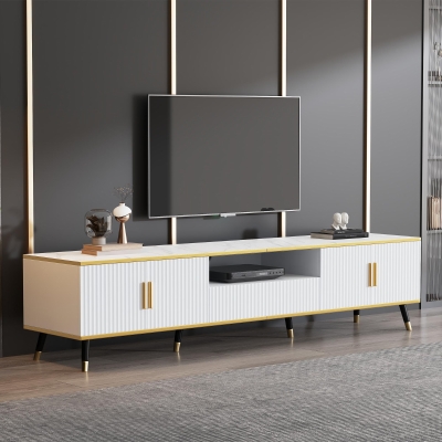 Modern TV Entertainment Center with 4 Doors & Drawer, 200L x 40W x 46H cm, White
