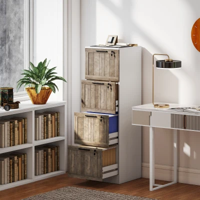 HOMCOM Cajonera de Escritorio con 4 Cajones Cerradura 2 Llaves Barras Colgantes para A4 Carta 39,4x40x129 cm Blanco y Madera