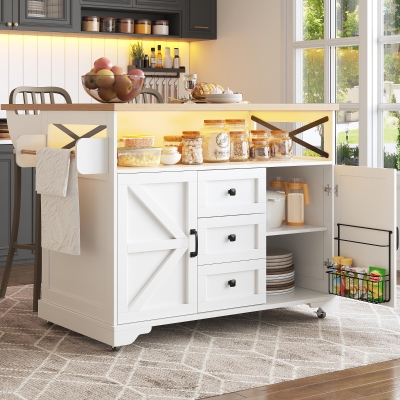 Mobile Kitchen Island with Drop-Leaf Table and Multi-Tier Snack Shelves, 120L x 72W x 98H cm, White