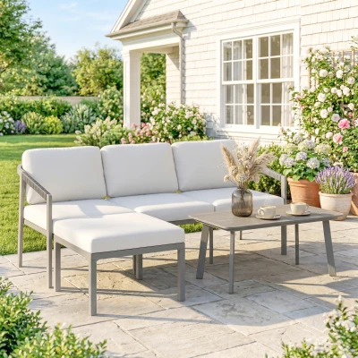 Outsunny 3 Piece Patio Dining Set with Sofa & Table, Grey