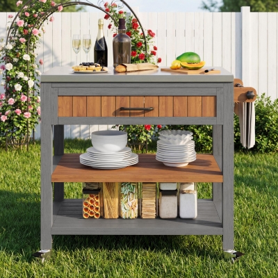 Mobile Wood Tool Cabinet with Stainless Steel Worktop, 80L x 51W x 91.5H cm, Natural