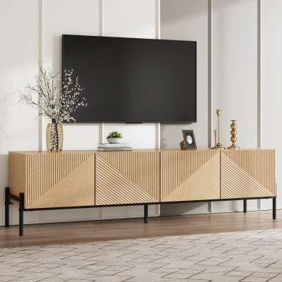 TV-Lowboard mit 4 Push-to-Open-Türen, Geometrisches Design, Metallgestell, 163,5 x 40 x 45 cm, Naturfarbe