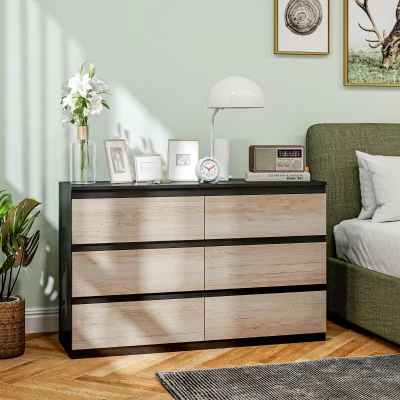 HOMCOM Commode 6 Tiroirs Noir et Bois Minimaliste 120x39x75 cm