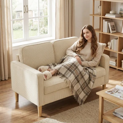 HOMCOM Sofá 2 plazas con 2 cojines, almacenamiento patas de madera maciza Loveseat pequeño moderno pana 117 x 63 x 79 cm Beige