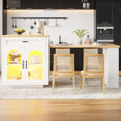 Extendable Kitchen Island with App-Controlled RGB Lighting, 126-196L x 59W x 94H cm, White