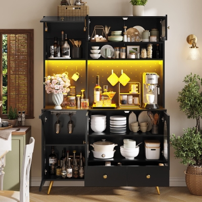 Tall Kitchen Cabinet with Built‑In Power Outlets & 2 USB Ports, 120L x 40W x 176H cm, Black