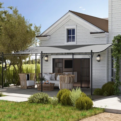 Outsunny Pérgola de Pared 3x6 m con Techo Inclinado Orificios de Drenaje y Estructura Metálica Gris Oscuro