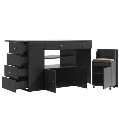 Adjustable Kitchen Island with 2 Stools, 6-Drawer and Generous worktop, 140L x 40W x 89H cm, Black