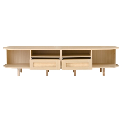 Modern TV Stand with 2 Drawers, 2 Sliding Doors & 8 Solid Wood Legs, 170L x 40W x 40H cm, Oak