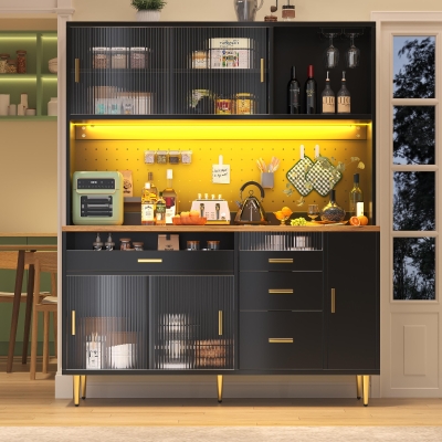 Modern Highboard with Height-Adjustable Shelves & App-Controlled LED, 145L x 39W x 171H cm, Black