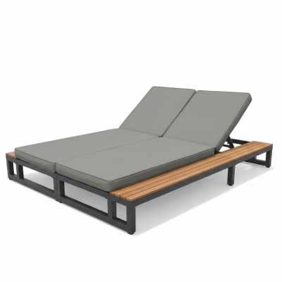 Outdoor Double Daybed with Adjustable Backrest and Thick Cushion, 184L x 159W x 73H cm, Gray