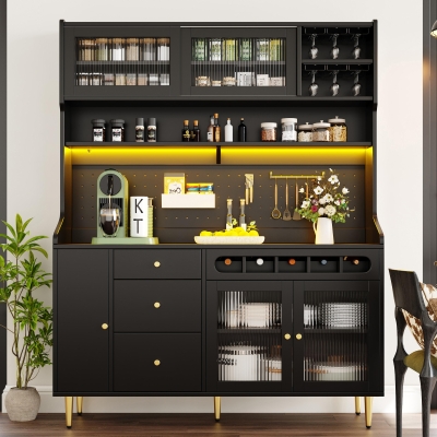 Modern Highboard with LED Lighting & Adjustable Shelves, 145L x 39W x 171H cm, Black