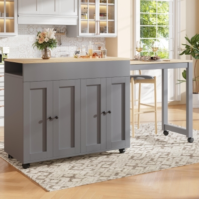 Space‑Saving Dining Table with 6 Adjustable Shelves & Storage Cabinet, 118L-180 x 50W x 94H cm, Gray