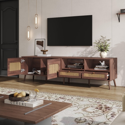 Modern TV Entertainment Centre with 2 Drawers & 2 Cabinets, 200L x 37W x 49.5H cm, Wood