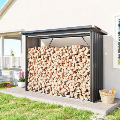 Outsunny Casetilla para Leña de Acero Galvanizado con Base Elevada y Techo Inclinado 213x66,5x150 cm Gris Oscuro