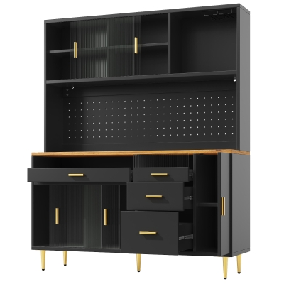Modern Highboard with Height-Adjustable Shelves & App-Controlled LED, 145L x 39W x 171H cm, Black
