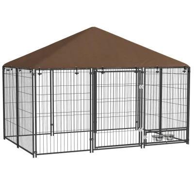 PawHut Recinto per Cani in Metallo e Tessuto Oxford con Porticina per Ciotole, 211x141x151 cm, Nero e Marrone